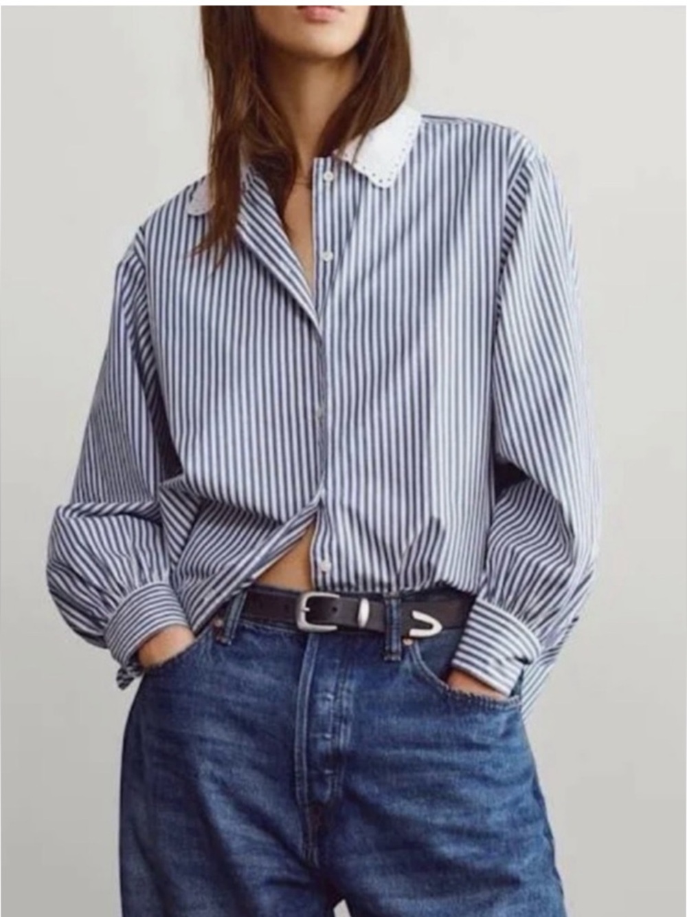 GAP x Doen Organic Cotton Striped Oversize Eyelet Collar Shirt in Blue - Size XS